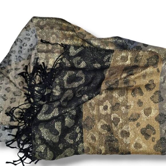 Scarf Wrap Animal Print Gold Metallic Black Cheetah Gray Brown 36x72 - Picture 7 of 14